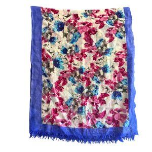 Bindya NY 100% Wool Floral Print Scarf Watercolor Rectangular Wrap Border Frayed